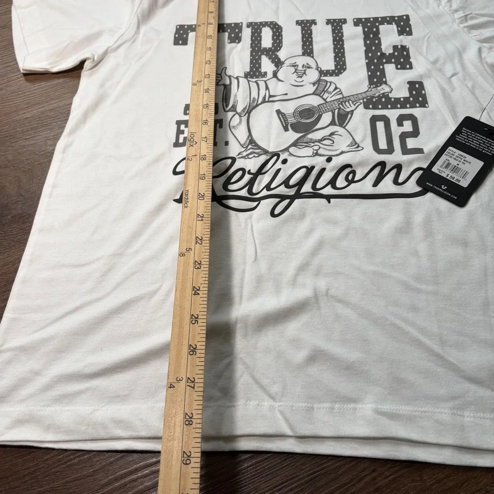 Y2K True Religion Mens Optic White True 02 Buddha Guitar Graphic T-Shirt M NWT